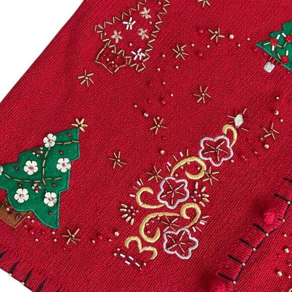 Vintage Christmas Embroidered Beaded Red Knit Vest L Grandma Old Money Preppy - Picture 2 of 7